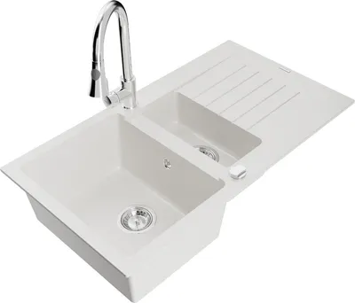 Produktbild von Mexen Matias 1,5-Becken-Granitspüle mit Abtropffläche und Mischbatterie Elia, Weiß - 6502-20-670101-00