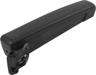 A black armrest with a mounting bracket is shown against a white background.