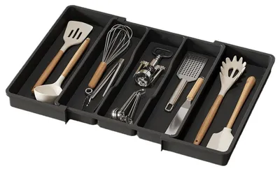 Obrázek produktu pro Rozšiřitelná zásuvka na příbory, 1 kus, černá, 34,6 x 3,6 x 28,0–50,5 cm, do kuchyňských zásuvek