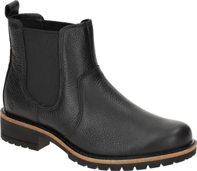 A black leather Chelsea boot is shown against a white background.