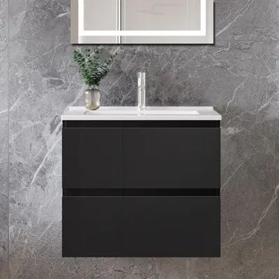 Produktbild von 60 cm Badmöbel-Set Unterschrank mit dünn Keramik waschtisch 2 Schubladen soft-close Hochglanz Schwarz Selbstmontierter