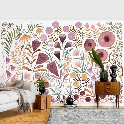 Produktbild von Fototapete Blumen - Vliestapete - Bildtapete UV-beständig Design rosa Aquarell Illustration Wandtapete geruchsfrei
