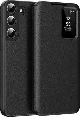 Obrázek produktu pro Kožené flipové pouzdro pro Samsung Galaxy S22, obal s funkcí Smart View okna a přihrádkou na karty Černý