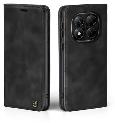 A black flip case for a smartphone, shown from two angles.