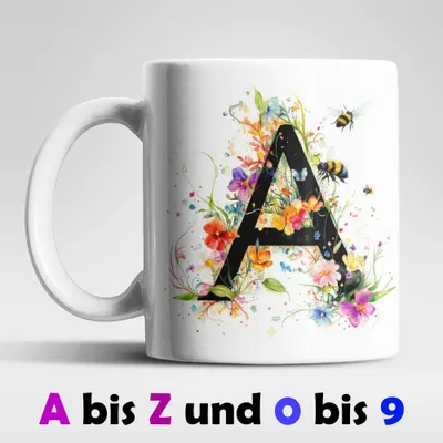 Produktbild von Name A bis Z und 0 bis 9 Blumen Bienen Kaffeetasse Teetasse Tasse Geschenkidee – A