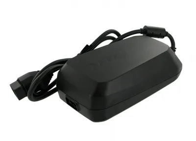 A black e-bike charger with cables on a white background.