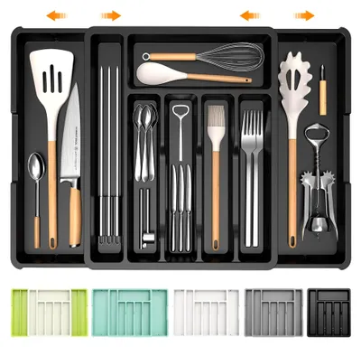 Produktbild von Erweiterbarer Besteckkasten für Schubladen, verstellbarer Besteckhalter in Schwarz