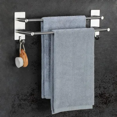 Image de Porte-serviettes sans perçage, en acier inoxydable, adhésif, double, avec 2 crochets, longueur 43,5 cm, finition argentée