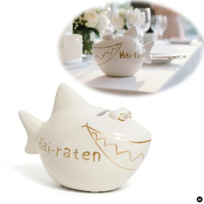 Produktbild von Keramik Sparschwein Spruch Hai-Raten Weiß Gold Hochzeit Spardose Sparbüchse