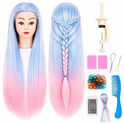 Productafbeelding van Kappershoofd Oefenhoofd Kapperspop met Statief en Styling Accessoires - Kappers Hoofd - Blauw & Roze Haar - 70 cm