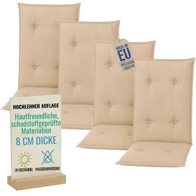 Produktbild von Pillows24 - 4x Hochlehner Auflagen 120x50x8 cm | Gesteppte Wetterfeste Gartenstuhlauflagen | Sitzkissen für  Gartenmöbel |   EU | Cappuccino