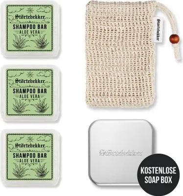 Produktbild von Störtebekker® Duschset - 3 x festes Shampoo (Aloe Vera), Sisalsäckchen und GRATIS Seifendose - für die tägliche Pflege - Haar, Körper & Gesicht
