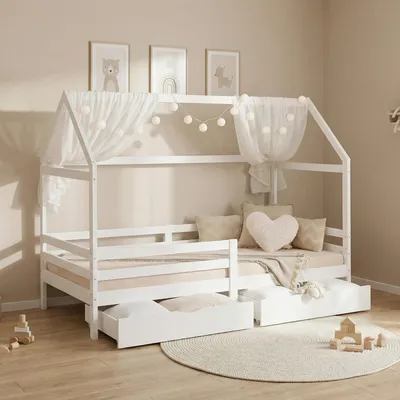 Produktbild von Homestyle4u Kinderbett Weiß 90x200cm Hausbett Rausfallschutz Bodenbett Bettkasten Lattenrost
