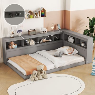 Flieks rozkládací pohovka dětská postel rozkládací postel 90x200cm, postel pro mládež s funkcí nabíjení (USB a zásuvka), podlahová postel jednolůžko dřevěná postel rozkládací postel, šedá barva