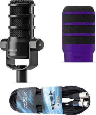 Produktbild von Rode Mikrofon Podmic USB mit WS14PU Popschutz Lila und Kabel