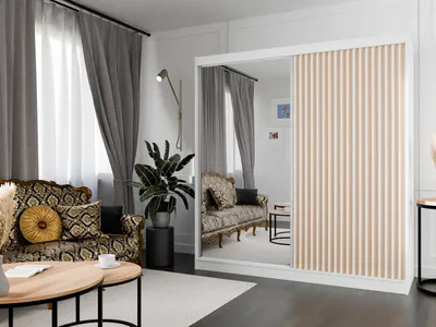 Produktbild von Kleiderschrank Lili mit Lamellen 200 cm inklusive 2 Schiebetüren Schwebetürenschrank Kleiderstange Garderobe Schrank Lieferung bis in die Wohnung (Farbe: weiß, weiß, Lamelle wotan, Spiegel)