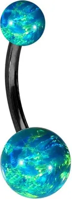 Produktbild von Bauchnabelpiercing Titan Bananabell SYNTHETISCHE OPALE Schwarz | Opalfarbe: Dunkelgrün Stablänge: 10mm