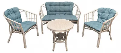 Immagine prodotto di Salotto da esterno 4 posti con cuscini imbottiti e struttura in legno wicker con tavolino - Bianco e azzurro