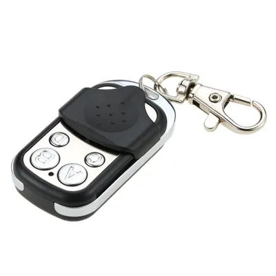 A remote control with a keychain clip.