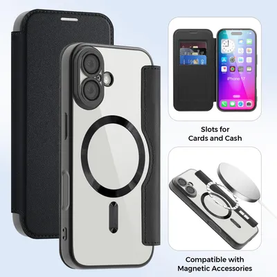 Immagine prodotto di Custodia per iPhone 17 compatibile con MagSafe, custodia trasparente con portacarte, custodia in pelle con protezione per fotocamera nera