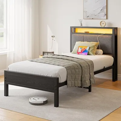 Immagine prodotto di Letto 90x200, struttura letto con base di ricarica, robusto letto in metallo con testiera imbottita in tessuto e vano contenitore in legno, letto per ospiti, letto per adolescenti, letto singolo, struttura letto in metallo con rete a doghe, colore nero