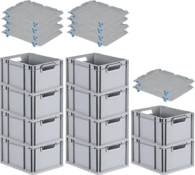 Produktbild von SparSet 10x Eurobox NextGen Economy mit Auflagedeckel und 4x Schiebeschnappverschlüsse Blau | Griffe offen | HxBxT 22x30x40cm | 20 Liter | Eurobehälter, Transportbox, Transportbehälter, Stapelbehälter