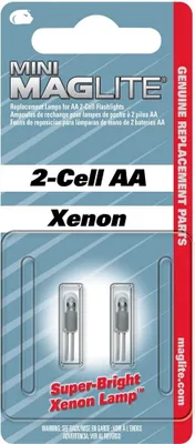 The image shows a retail package containing two replacement Xenon lamps for a Mini Maglite flashlight.
