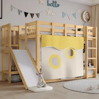 Immagine prodotto di Letto a castello per bambini 90x200 Letto in legno naturale con scivolo, scaletta e tenda Letto gioco Letto a soppalco in pino senza materasso Protezione anticaduta