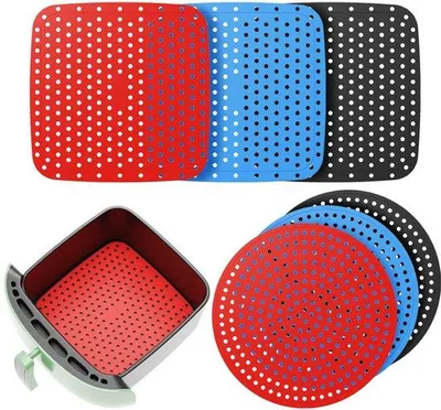 Immagine prodotto di Tappetini in silicone per friggitrici ad aria, set da 6 pezzi, resistenti al calore, antistatici, lavabili, di forma rotonda e quadrata.