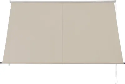 A beige roller blind is shown against a white background.