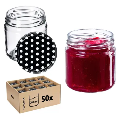 Obrázok produktu pre KADAX zaváracie poháre s viečkom "Lerma", zaváracie poháre, 200 ml, 50 kusov, čierne viečko so vzorom hrášku