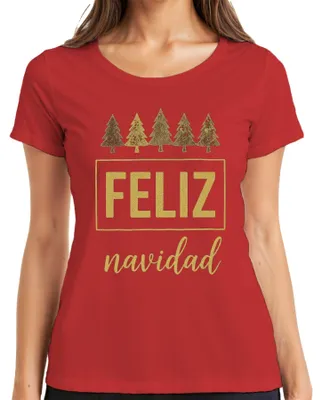 Produktbild von FELIZ navidad Weihnachten Weihnachtsbaum Gold Glitzer Geschenk Damen T-Shirt, Rot, L