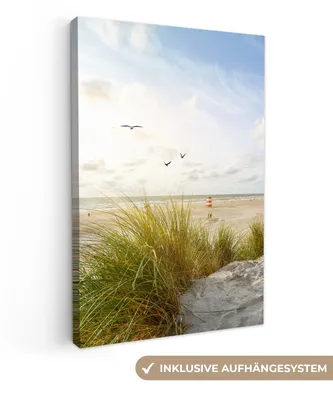 Produktbild von MuchoWow® - Leinwandbilder - Strand - Meer - Vögel, Wandbild, Wanddeko Bilder Wohnzimmer, 80x120 cm