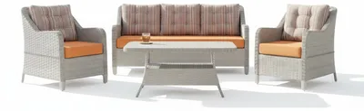 Image de Ensemble de terrasse : canapé, fauteuil orange, table à structure métallique et plateau en verre - Neuf