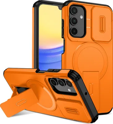 Produktbild von Magnetisch Hülle für Samsung Galaxy A15 5G/4G, Dual Layer Stoßfest Handyhülle mit Dia Kameraschutz, Verstellbarem Ständer Orange
