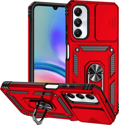 Immagine prodotto di Custodia per Samsung Galaxy A05S a doppio strato con copertura scorrevole della fotocamera e supporto ad anello rosso