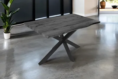 Produktbild von Esstisch 140x80 cm Baumkante Holz Grau-Optik Spider-Gestell Metall schwarz JOSY