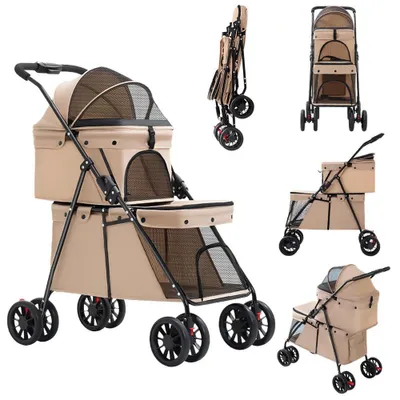 Produktbild von 3-in-1 Hundebuggy und Katzenbuggy - 2-stöckiger Hunde-Kinderwagen - Für kleine Hunde bis 24 kg - Faltbar - Leicht und tragbar - Khaki