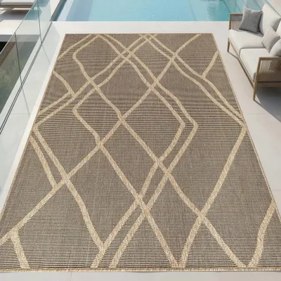 Produktbild von Teppich Outdoor grafisches Linien Design wetterfest Terrasse Balkon Braun Beige Größe - 200 x 280 cm