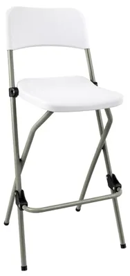 Obrázok produktu pre Skladacia barová stolička – biely HDPE sedák a operadlo, oceľový rám, výška sedáku 73 cm, nosnosť 120 kg