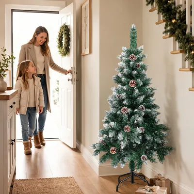 Productafbeelding van Ikodm Kunstkerstboom, 120 cm, groen, met 15 dennenappels en sneeuweffect, 180 takpunten, PVC, metalen voet