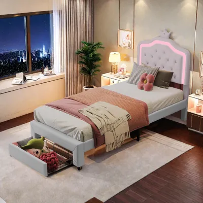 Produktbild von Polsterbett 90x200 Prinzessinnenkrone mit LED Beleuchtung, Einzelbett Bettgestell mit Lattenrost und verstellbares Kopfteil, Mädchenbett Jugendbett