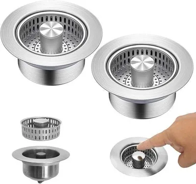 Immagine prodotto di Due pezzi - Filtro per scarico da cucina 3 in 1 - Tappo di scarico universale in acciaio inossidabile - Ø 110 mm - Tappo di scarico con funzione filtrante - Raccolta dell'acqua e barriera anti-odori - Adatto per la cucina