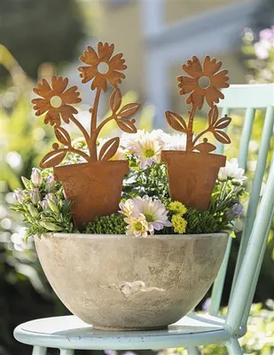 Produktbild von 2x Gartenstecker "Blumentopf" aus Metall mit Echtrost, 35 + 40 cm hoch, Dekostecker, Roststecker, Gartendeko für Draußen