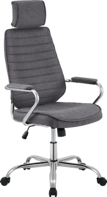 Imagen del producto de Silla de oficina CLP, modelo Rako, tapizada en tela, con altura ajustable, giratoria y con reposacabezas. Color: gris oscuro
