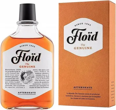 A bottle of Floid The Genuine Aftershave and its packaging are shown side-by-side against a white background.