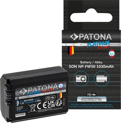 Produktbild von PATONA Platinum Akku mit USB-C Input f. Sony NP-FW50 NEX.3 NEX.3C NEX.5 NEX.5A, Sony, 1030 mAh, 7,2 V, Lithium-Ion (Li-Ion)