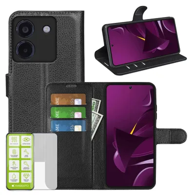 Produktbild von Für Xiaomi Poco X7 Pro 5G / Redmi Turbo 4 Kunstleder Book Wallet Handy Tasche Schwarz + 9H Hart Glas