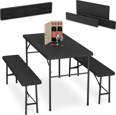 Immagine prodotto di Set da giardino pieghevole Relaxdays, set da 3 pezzi con panca da birreria e tavolo grande, set da giardino e da festa, effetto rattan, nero