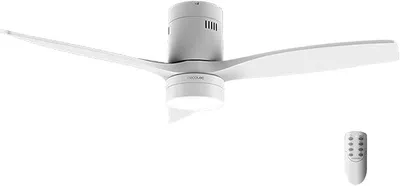 Immagine prodotto di Ventilatore a soffitto con luce LED, modello Energysilence Aero 5600, colore bianco. Potenza: 40W, motore DC, diametro: 132 cm, 3 pale, luce LED da 18W, timer, 6 velocità, telecomando, funzione estiva/invernale